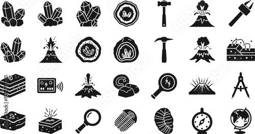 Comprehensive collection of minimalist black vector icons featuring geology elements including quartz crystals, erupting volcanoes, mineral geodes, trilobite fossils, tectonic plates,
