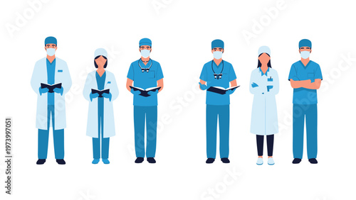 Medical Professionals Team with Face Masks Vector Illustration. Doctors, Nurses, Surgeons in Scrubs & Lab Coats.