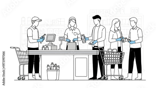 Checkout counter transaction in Market : Illustrative representation of people transacting at a market checkout, with a focus on transactions and service. 