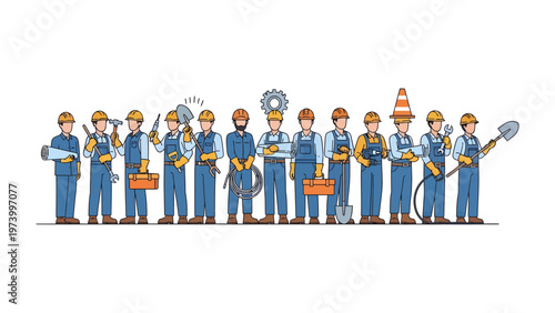 Construction Crew with Various Tools: An illustration of a construction crew is standing, each worker holding unique tools, ready for work.