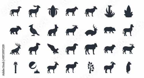 Black silhouettes of various wild animals.