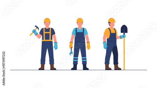 Tableau sur toile Construction Crew Ready to Build: Three construction workers in uniform stand confidently, each equipped with their respective tools - hammer, wrench, and shovel - poised for their next project