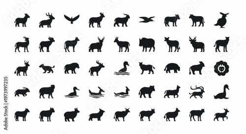 Black silhouettes of various wild animals.