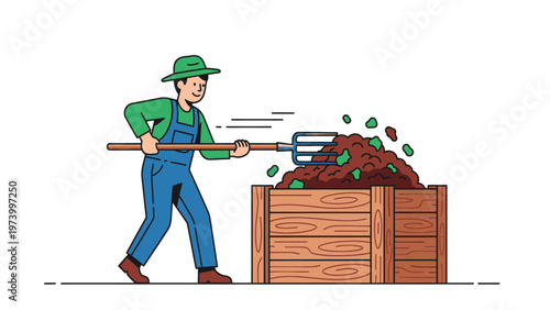 Gardener Turning Compost Pile with Pitchfork in Wooden Bin for Sustainable Organic Waste Recycling