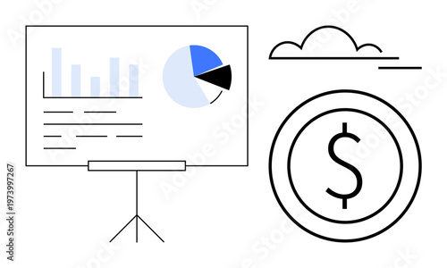 Financial analysis, cloud computing, business strategy, economic growth, data visualization, investments. Chart with bar graphs, pie chart and dollar icon. Financial analysis and cloud computing