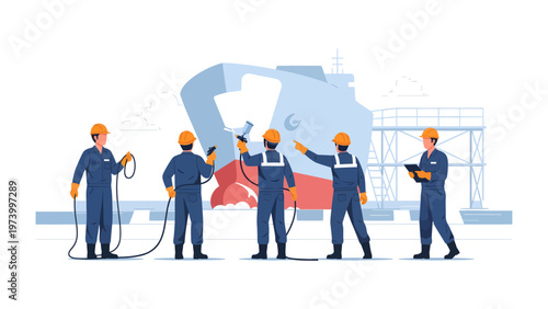 Shipyard Harmony: A team of skilled workers collaborates on a colossal ship, the scene exudes precision and unity within the marine industry.