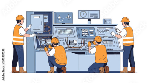 Maintenance Crew at Work: A team of skilled technicians diligently works on sophisticated machinery, with detailed components and advanced technology that are the backbone of modern operations. 