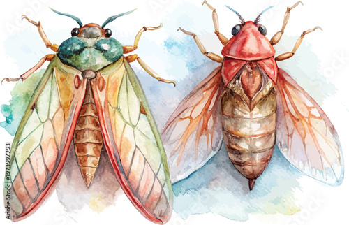 Fényképezés Watercolor Cicada Illustration, Summer Singing Insect Art, isolated on white bac