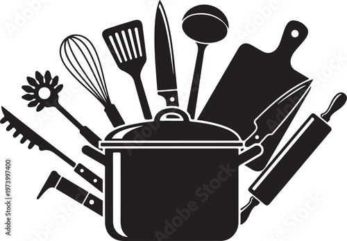 Black and White Kitchen Utensils and Cooking Pot Illustration