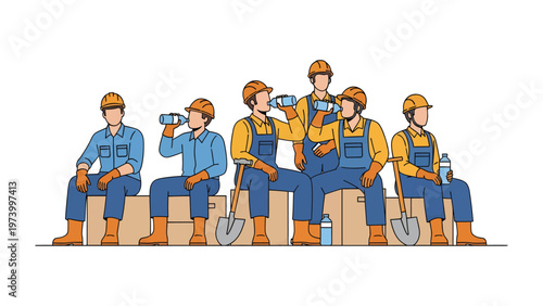 Construction Crew's Break Time: A group of construction workers, clad in their work attire, pause for a well-deserved respite, hydrating themselves with water bottles after a hard day's labor.