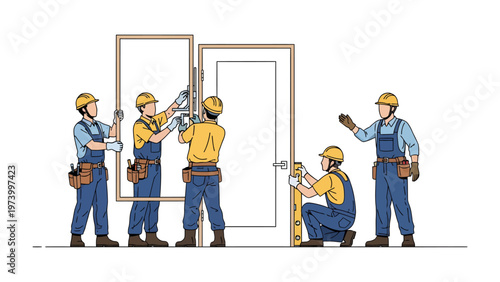 Constructing with Precision: A team of skilled carpenters meticulously installing a door, showcasing teamwork and expertise in the realm of building and construction.