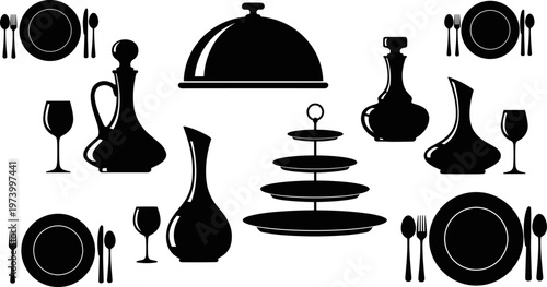 Fine dining restaurant table setting collection featuring black minimalist vector silhouettes of plate sets with cutlery wine glasses cloche and glass decanters