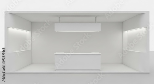 Empty white exhibition booth with counter and display areas, ready for branding.