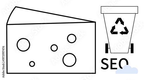 Sustainability, recycling, waste management, food industry, marketing, eco-friendly concepts. Cheese slice and recycling bin with a recycling symbol. Sustainability and recycling concepts