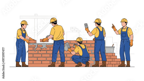 Building a Strong Foundation: Skilled builders meticulously construct a brick wall, showcasing teamwork, precision, and the art of craftsmanship.