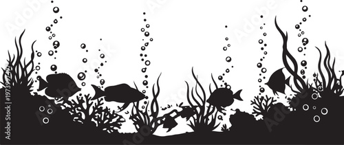 Underwater scene with fish and seaweed silhouettes on white