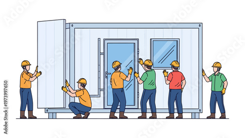 Construction Team Assembling Structure: A skilled construction team is meticulously assembling a modular structure, working together to bring a vision to life.