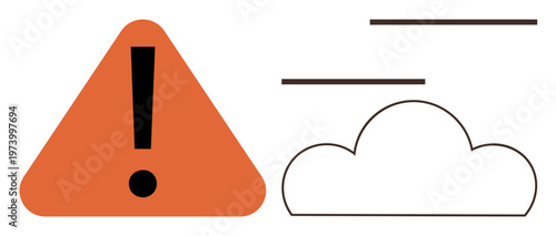 Natural disaster, weather forecasting, emergency preparedness, alerts, climate change, meteorology. Orange triangle with exclamation point and cloud with wind lines. Weather alerts and emergency