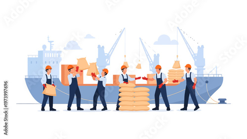 Seafaring Team in Action: A team of dedicated workers collaboratively loads cargo onto a majestic ship, signifying global trade.