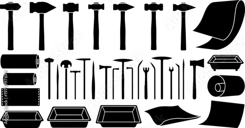 Hand tool silhouettes set with hammers, mallet, file, chisel, pliers, screwdriver, industrial equipment collection, repair hardware kit, professional workshop icons for construction and diy projects.