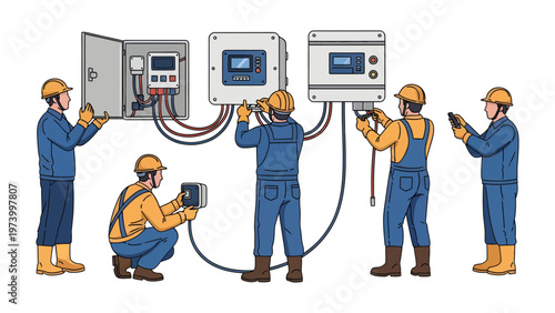 Precision Engineering: A team of skilled technicians meticulously working on electrical panels, showcasing technical expertise, precision, and collaboration in a high-tech environment.