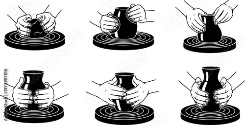 Hands shaping clay on spinning pottery wheel creating ceramic vases minimalist black and white vector silhouette icons for traditional handicraft workshop artisan studio.