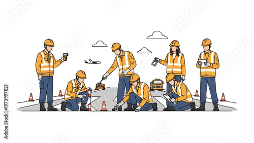 Field Crew on Inspection: Illustrative depiction of a dedicated field crew meticulously performing safety inspection on the airfield.