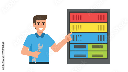 Smiling IT technician pointing at server rack. Data center maintenance and support concept.