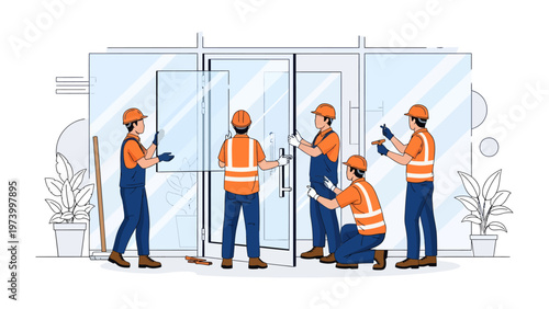 Construction Crew at Work: A team of skilled workers, clad in safety attire, collaborate on installing a glass door within a modern architectural structure.