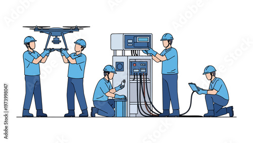 Drone Maintenance: Technicians conduct a drone maintenance and repair operation, highlighting their focus, concentration, and cooperation.