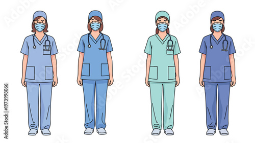 Female Healthcare Professionals in Scrubs with Face Masks and Stethoscopes. Diverse Medical Staff Illustration.