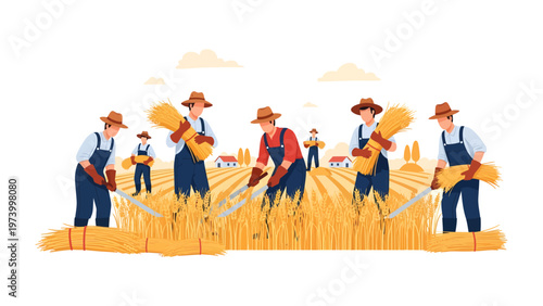 Harvesting Wheat in the Field: A collective of farmers diligently working to harvest a field of golden wheat, symbolizing hard work and the bounty of the harvest season.