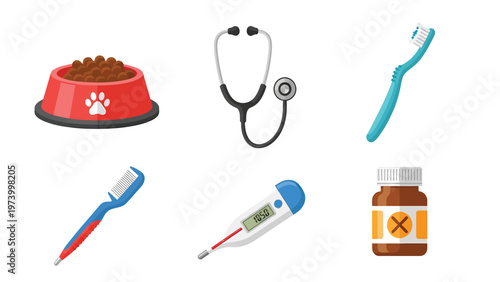 Healthcare and Pet Care Essentials Set: Medical Tools, Hygiene, and Animal Supplies Vector Illustration
