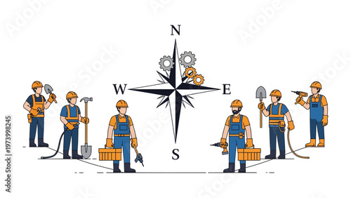 Construction Team Navigator: A unified construction team, each member representing a cardinal direction, gathers around a compass rose.