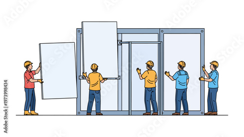 Construction Team Assembly: A focused team of construction workers diligently assemble a glass structure, demonstrating collaborative effort and precision.