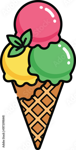 Delicious Three Scoop Ice Cream Cone Illustration.