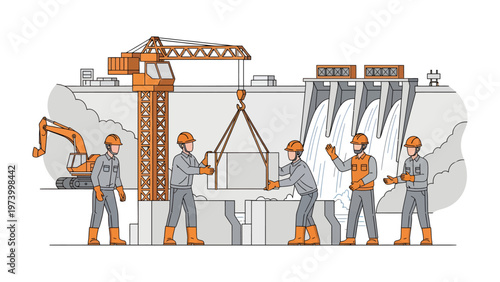 Building a dam: A group of construction workers cooperatively assembling a dam using heavy machinery on a bright sunny day.  