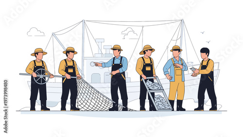 Fishermen on the Sea: Illustrative portrayal of a team of industrious fishermen working together, navigating a boat and managing their fishing nets.