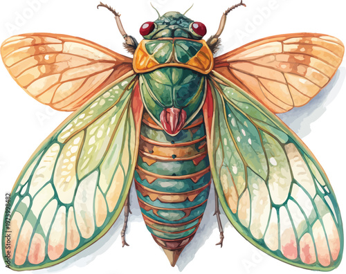 Photography Watercolor Cicada Illustration, Summer Singing Insect Art, isolated on white bac