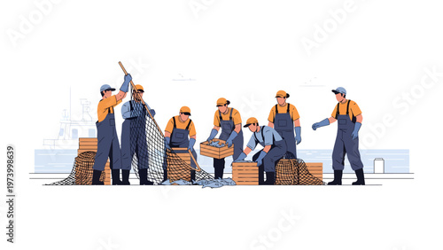 Harvest of the Sea: A dedicated team of fishermen diligently sorts a bountiful catch, demonstrating the teamwork and expertise required to bring fresh seafood to the table.