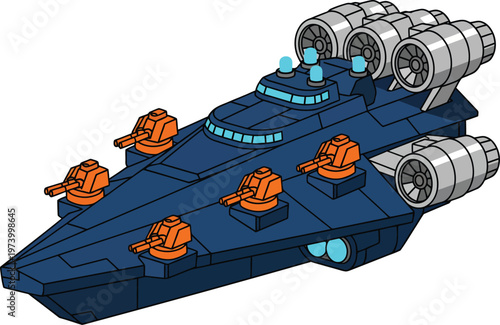 Futuristic Blue Spaceship with Orange Cannons and Jet Engines.