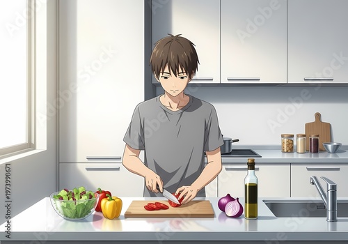 Anime male cooking fresh vegetables in clean kitchen healthy lifestyle scene