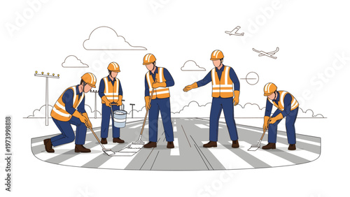 Roadwork Harmony: A team of diligent road workers meticulously paints fresh lines on a newly paved road, ensuring order and safety.