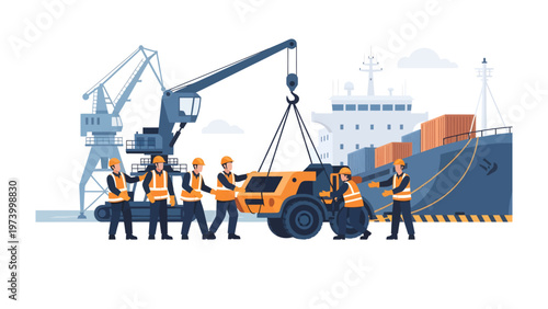 Maritime Workforce and Cargo Handling: A scene depicting a dedicated maritime team collaborating to load cargo onto a container ship, utilizing a crane, showcasing precision and teamwork.