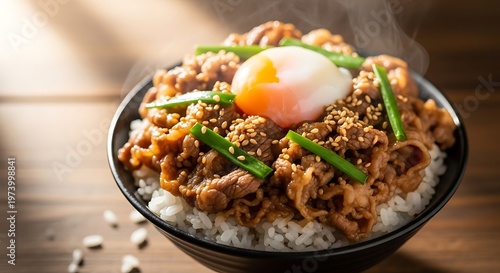 Gyudon Bowl with Poached Egg and Scallions - A Delicious Japanese Meal.