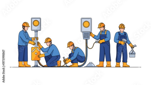 Electricians at Work: A team of skilled electricians meticulously working on an electrical panel. The scene highlights expertise and teamwork in maintaining essential infrastructure.