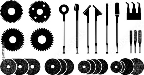 Industrial technical dental equipment and prosthetic tool set including grinding discs gears and precision laboratory instruments for dental medicine mechanical engineering craftsmanship