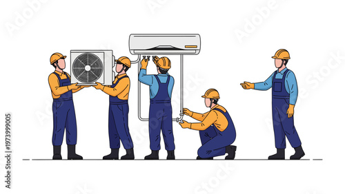 HVAC Installation Team: A team of skilled technicians meticulously installs an air conditioning unit, showcasing precision, teamwork, and expertise in the realm of climate control.