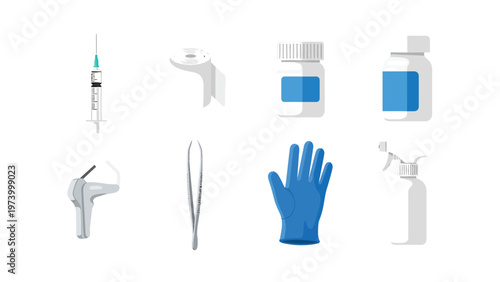 Medical Tools and Healthcare Supplies Flat Design Vector Illustration Set