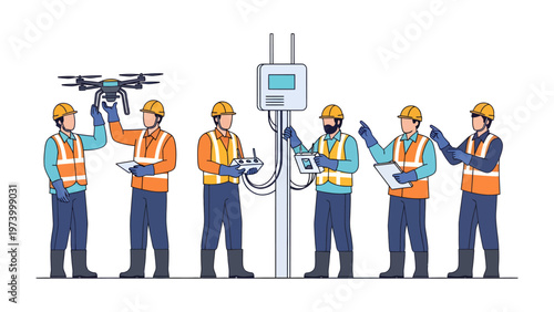Drone Inspection Crew: A team of skilled technicians meticulously inspects and maintains a network device with a drone, representing modern technology and expert workforce.